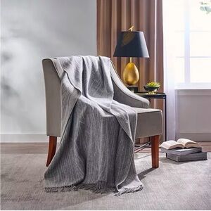 Michael Aram Gray Woodgrain Fringed Wool Throw Blanket 50” x 70” EUC